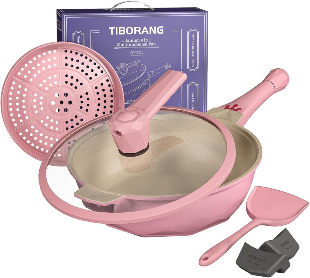 Tiborang 8 in 1 Frying Pans Nonstick,11 Frying Pan Skillet with Lid,Steamer for Cooking,All in One Pan Cookware for All Stoves,Woks  Stir-Fry Pans Nonstick,Saute Pan PFAS-Free/PFOA Free(Dusty Rose)